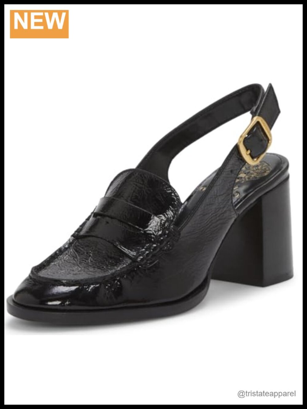 Leather Slingback Block Heel Pumps Almond Toe Buckle Dress Shoes